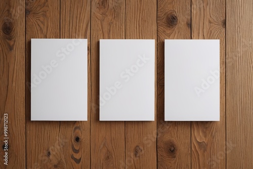 three blank white paper sheets on a wooden surface