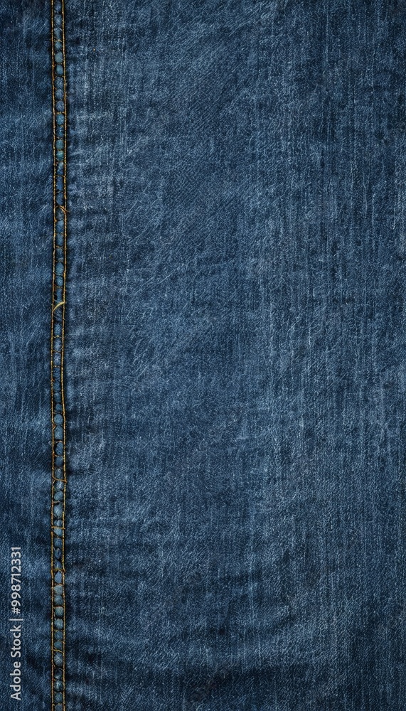 A close-up view pair of blue jeans, focusing on the fabric's texture and the yellow stitching running down the side A close-up view pair of blue jeans, focusing on the fabric's texture and the yellow stitching running down the side