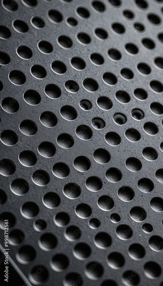 A close-up view perforated metal surface, showcasing a repeating pattern of small circular holes A close-up view perforated metal surface, showcasing a repeating pattern of small circular holes