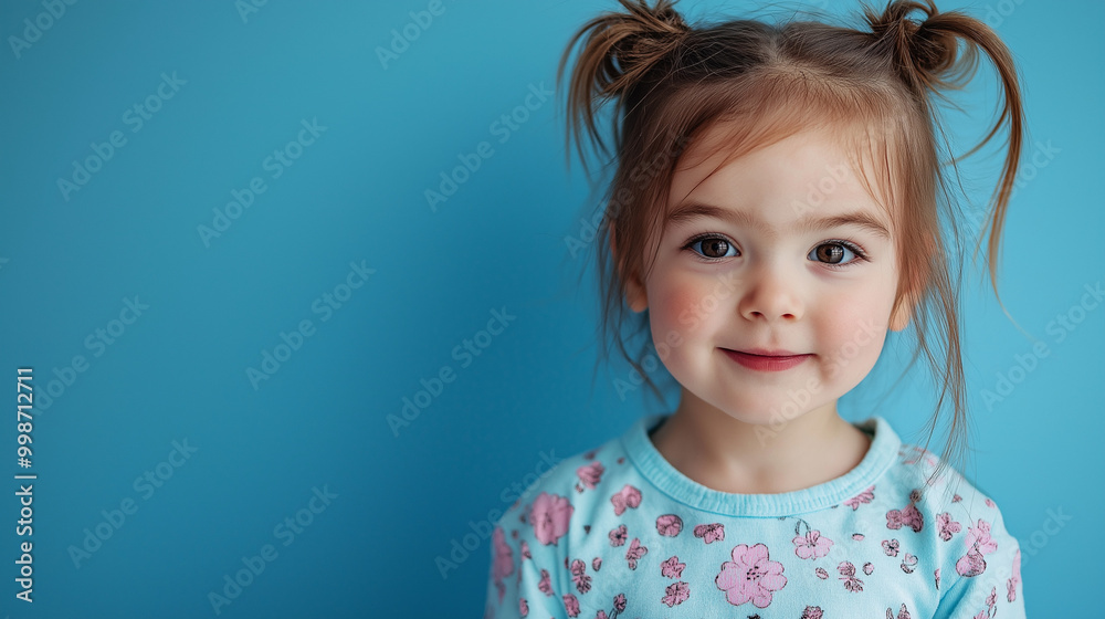 Girl in pajamas, a kid or child, wearing sleep wear in the morning or night, little toddler fashion and style, in a cute and happy blue studio portrait, copy space Girl in pajamas, a kid or child, wearing sleep wear in the morning or night, little toddler fashion and style, in a cute and happy blue studio portrait, copy space