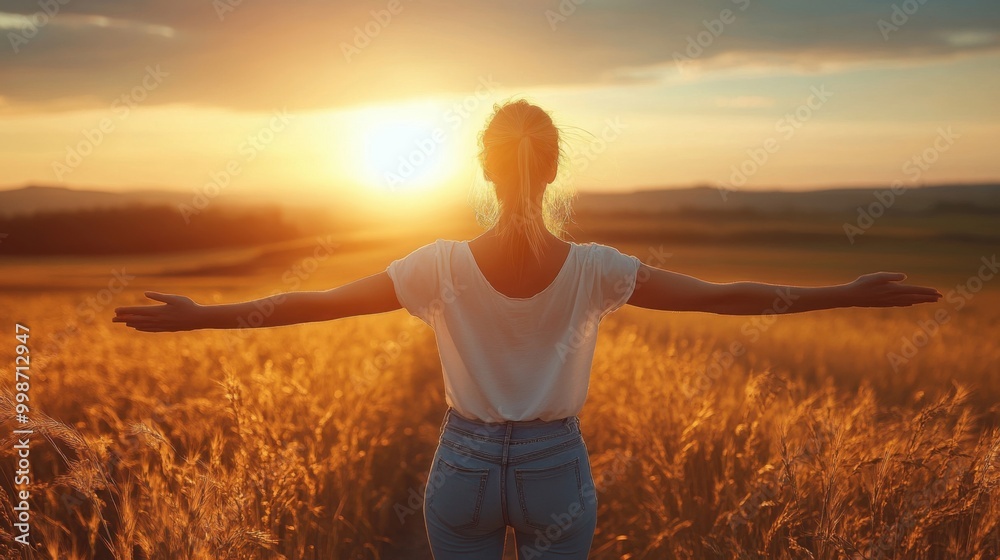 Embracing Freedom at Sunset in Open Field Embracing Freedom at Sunset in Open Field