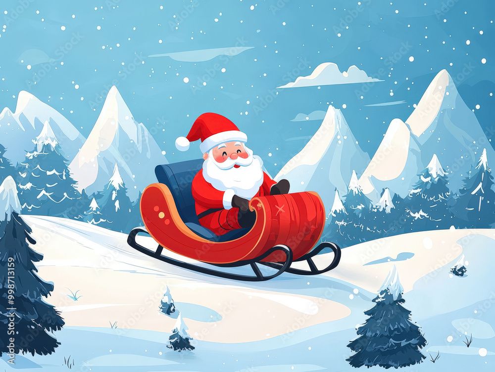 Santa Claus riding sleigh in snowy winter landscape with mountains and pine trees creates joyful holiday scene. cheerful expression adds to festive spirit Santa Claus riding sleigh in snowy winter landscape with mountains and pine trees creates joyful holiday scene. cheerful expression adds to festive spirit