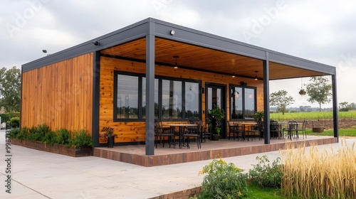 Rustic container restaurant exterior with wooden cladding, cozy outdoor seating, and view of a wheat field