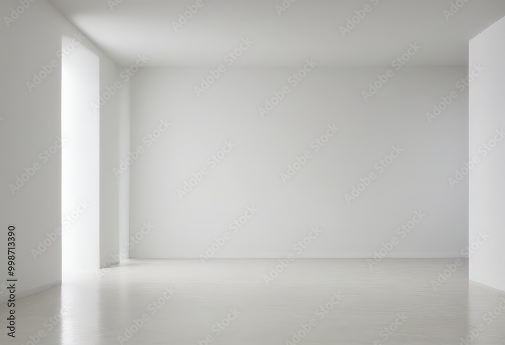 A minimalist, white-themed room with a large window on the left wall, a door on the right wall, and a clean, reflective floor A minimalist, white-themed room with a large window on the left wall, a door on the right wall, and a clean, reflective floor