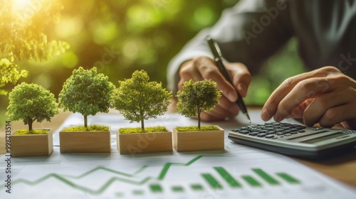 Businessperson calculating with a calculator and green trees on a desk with financial graphs, representing sustainable growth.
