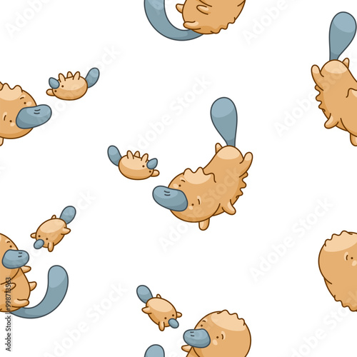 Cute platypus character. Seamless pattern. Kawaii animal in different poses. Vector drawing. Design ornaments.