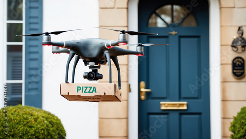 unmanned aerial vehicle (UAV) with a pizza box indicates the concept of contactless food delivery