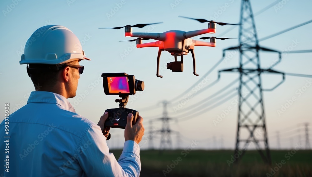 man worker with thermal camera controls drone near power lines man worker with thermal camera controls drone near power lines