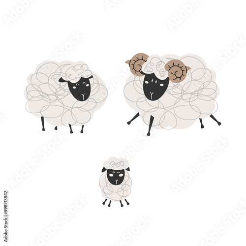 Cute vector sheep, ram and lamb set. Sheep in the hand drawn style. Farm animal. White isolated background.