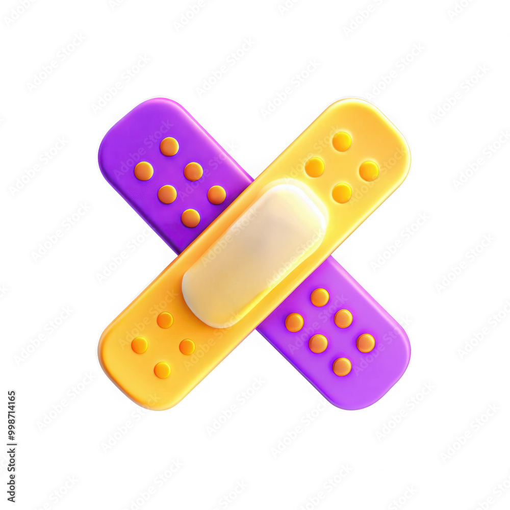 This image features a creatively designed bandage in vibrant purple and yellow colors, overlapping in a playful manner. This image features a creatively designed bandage in vibrant purple and yellow colors, overlapping in a playful manner.