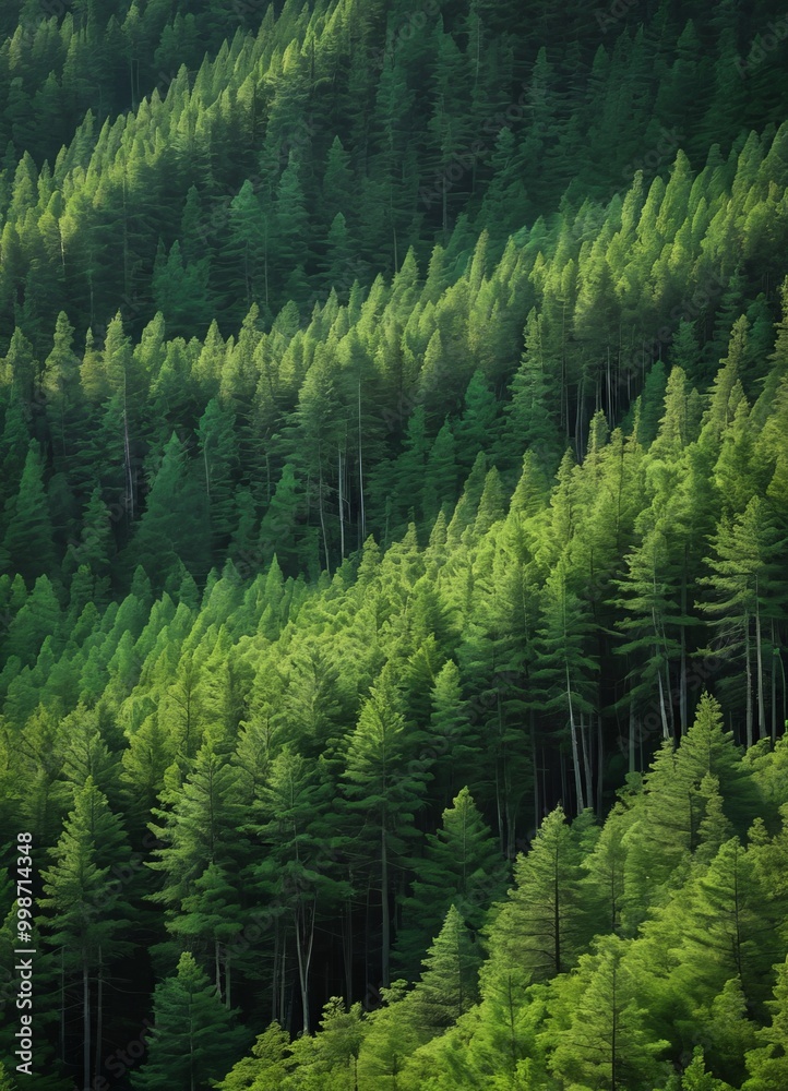 Obraz premium A dense forest of tall, coniferous trees with green needles and brown trunks, creating a lush, verdant landscape
