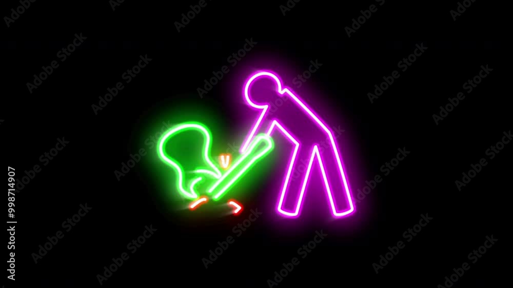 The blinking neon light of stick figure breaking guitar icon in the black background. The blinking neon light of stick figure breaking guitar icon in the black background.