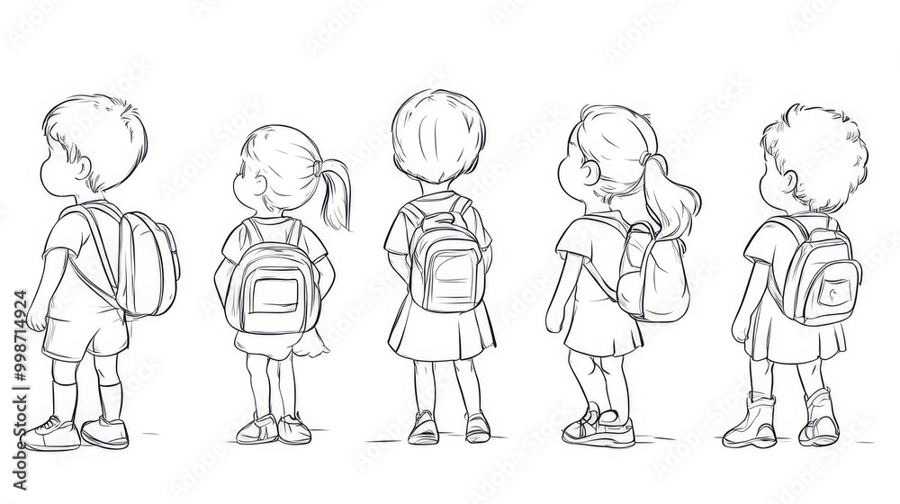 A simple line art depicting five children with backpacks, viewed from the back, walking in a row. The illustration focuses on school life and childhood camaraderie. A simple line art depicting five children with backpacks, viewed from the back, walking in a row. The illustration focuses on school life and childhood camaraderie.