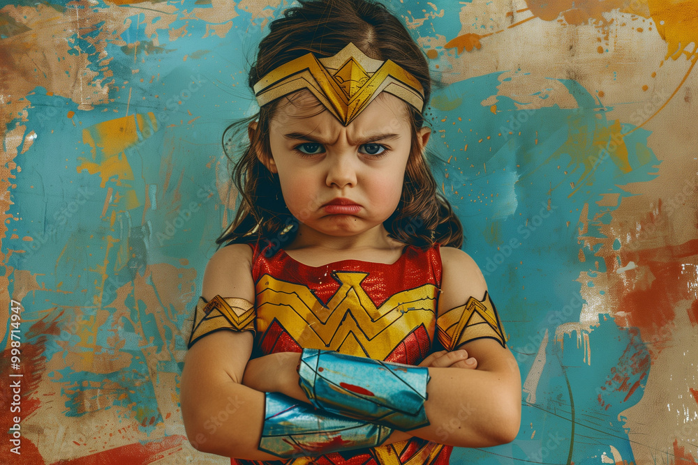 Fototapeta premium Pop art image of a little girl with crossed arms and a sulky expression on her face. Toddler in a super hero costume having a tantrum with copy space.