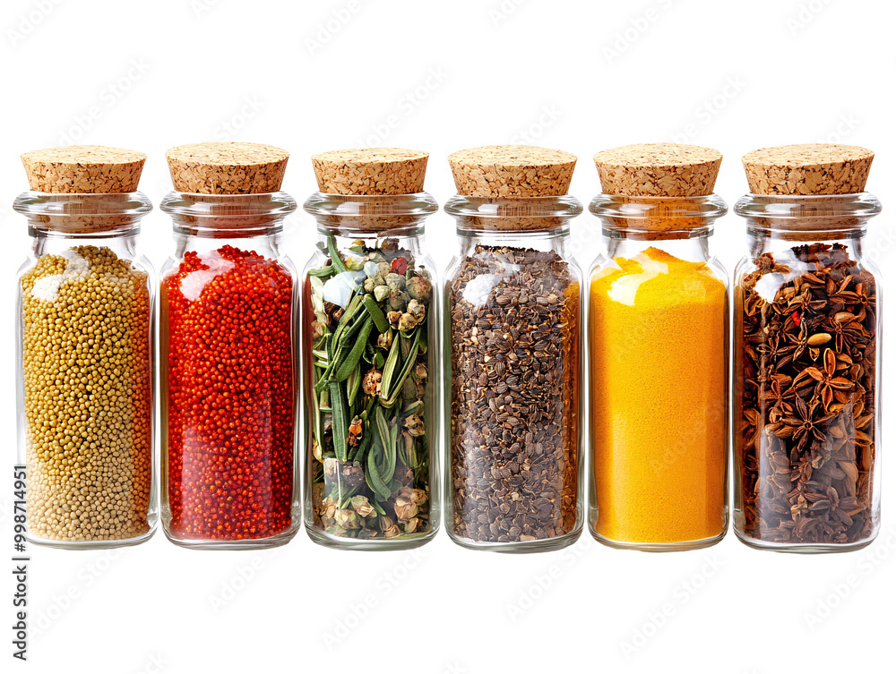 a row of glass jars with different colored spices a row of glass jars with different colored spices