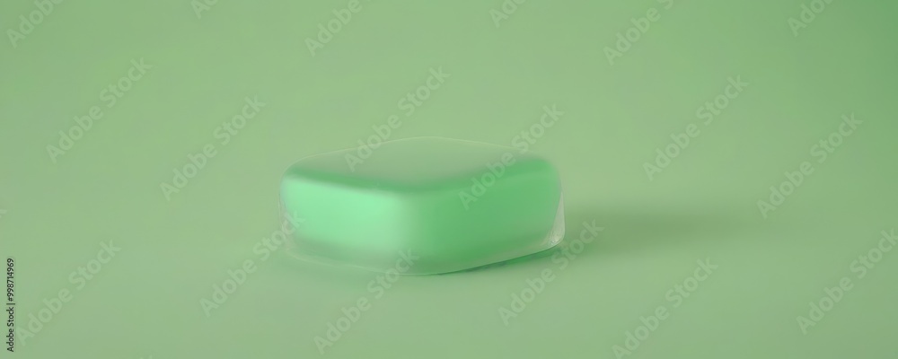 A translucent green cube rests on a light green background, casting a shadow to the right A translucent green cube rests on a light green background, casting a shadow to the right