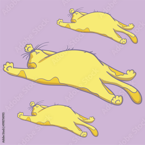 Vector illustration of a yellow cat lying down and stretching in various poses. Perfect for fun and relaxing designs.