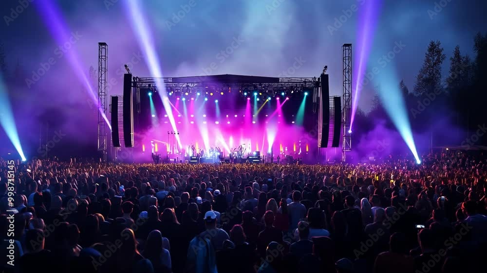 A large crowd enjoys a concert under the night sky, lit by colorful stage lights