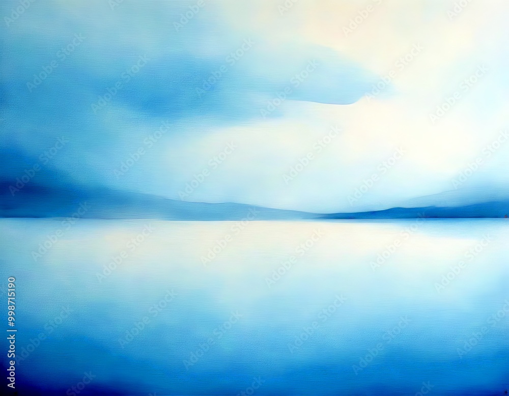 Fototapeta premium a serene landscape with a calm body of water reflecting the light blue sky The horizon line is visible in the distance, and the sky is filled with soft, wispy clouds The