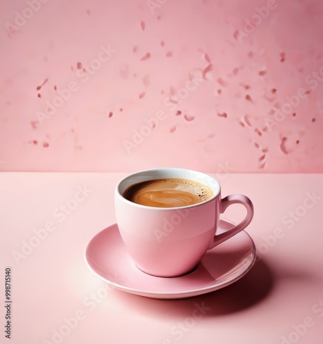 A pink coffee cup filled with coffee sits on a matching saucer, set against a pink background with scattered confetti-like shapes