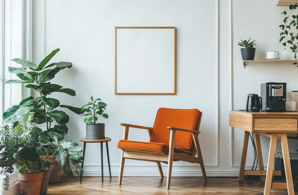 Vibrant mid-century modern home interior with a retro orange chair, white walls, wooden floor, and plants, with vintage wall art and stylish decor Vibrant mid-century modern home interior with a retro orange chair, white walls, wooden floor, and plants, with vintage wall art and stylish decor
