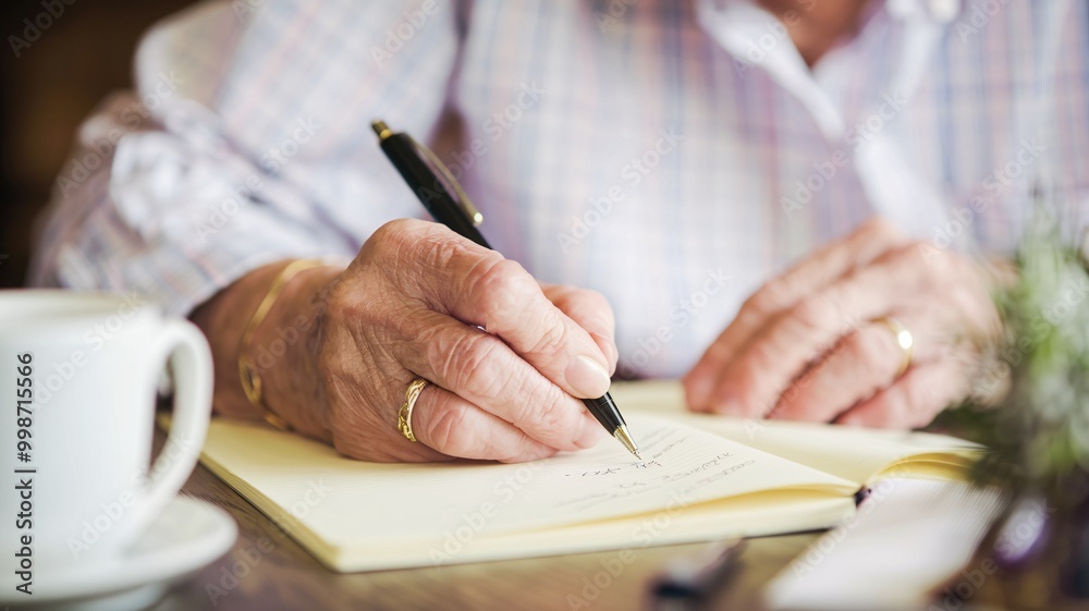 © hobonski - Close-up shot of elderly hands carefully writing in a notebook with a pen. The image evokes feelings of reminiscence, journaling, storytelling, and the passage of time.