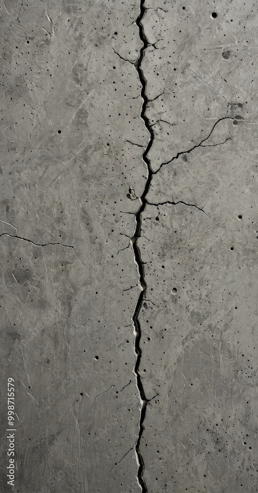 Obraz premium A close-up view concrete wall with a large crack running down the center, creating a sense of depth and texture