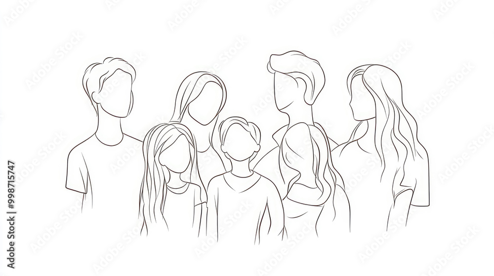 A line drawing of a close-knit family consisting of seven members, including parents and children, all standing together in a group hug, symbolizing unity and love.