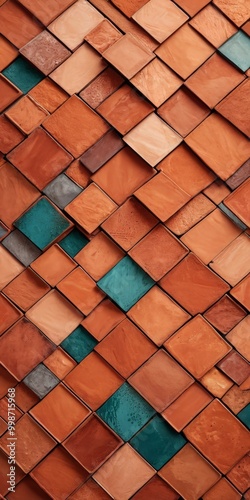 a close-up view wall composed of square tiles in various shades of orange and green, arranged in a diagonal pattern photo