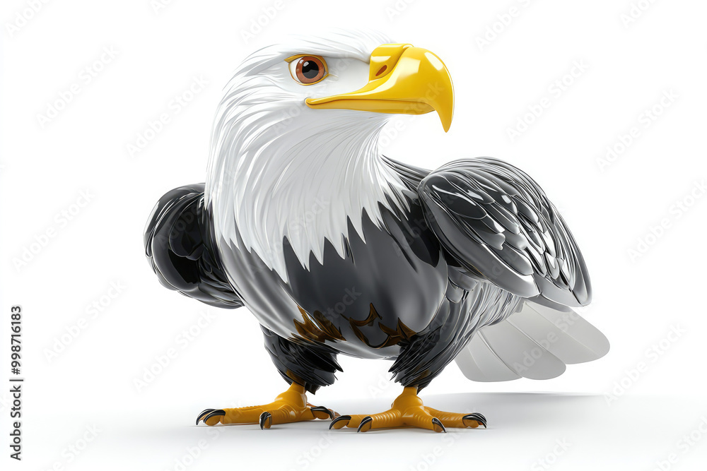 Obraz premium An impressive cartoon eagle stands proudly on a white background, showcasing its majestic presence with a powerful stance, detailed feathers, and a sharp, yellow beak.