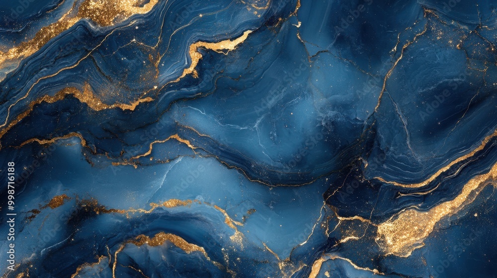Fototapeta premium Deep sapphire blue marble with glowing gold veins, creating an elegant, striking background with geode-like textures