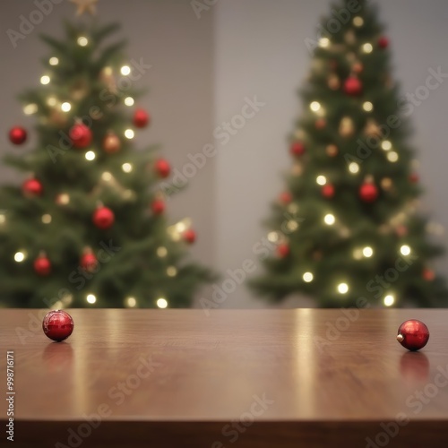 A wooden table with two red ornaments in the foreground and two blurred Christmas trees with twinkling lights in the background photo