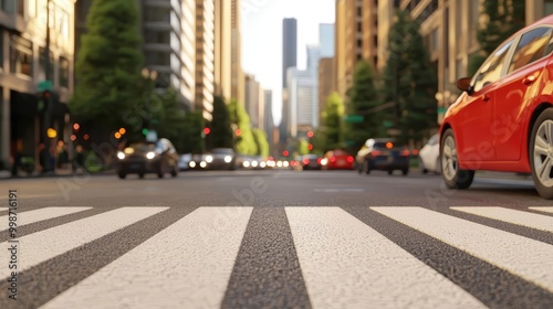 Urban crosswalk, city street view with cars and buildings, daytime scene.