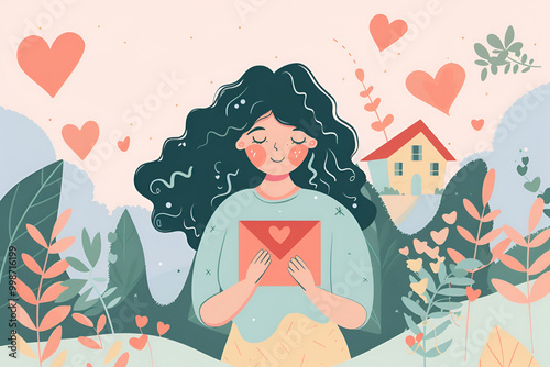 Woman holding a love letter surrounded by hearts and nature in a peaceful garden scene, World Post Day