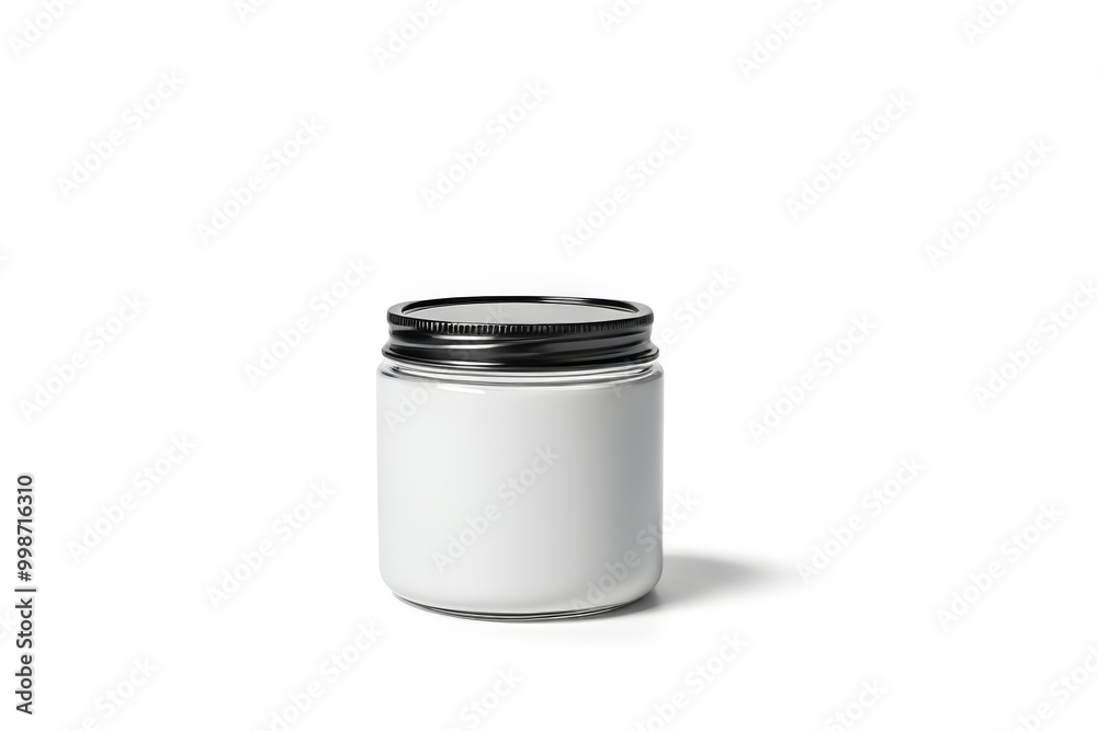 there is a white jar with a black lid on a white surface there is a white jar with a black lid on a white surface