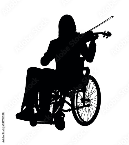 Young woman sitting on wheelchair playing violin vector black silhouette.