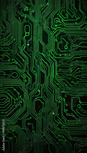 a detailed view circuit board, with a complex network of green and black lines and traces The circuit board appears to be illuminated, creating a striking contrast photo