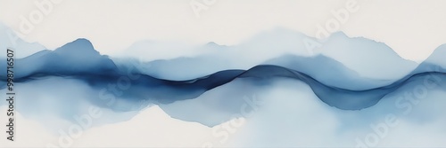 a serene, abstract landscape with a gradient of blue hues, resembling the movement of water or a flowing river The has skillfully used brushstrokes and color blending