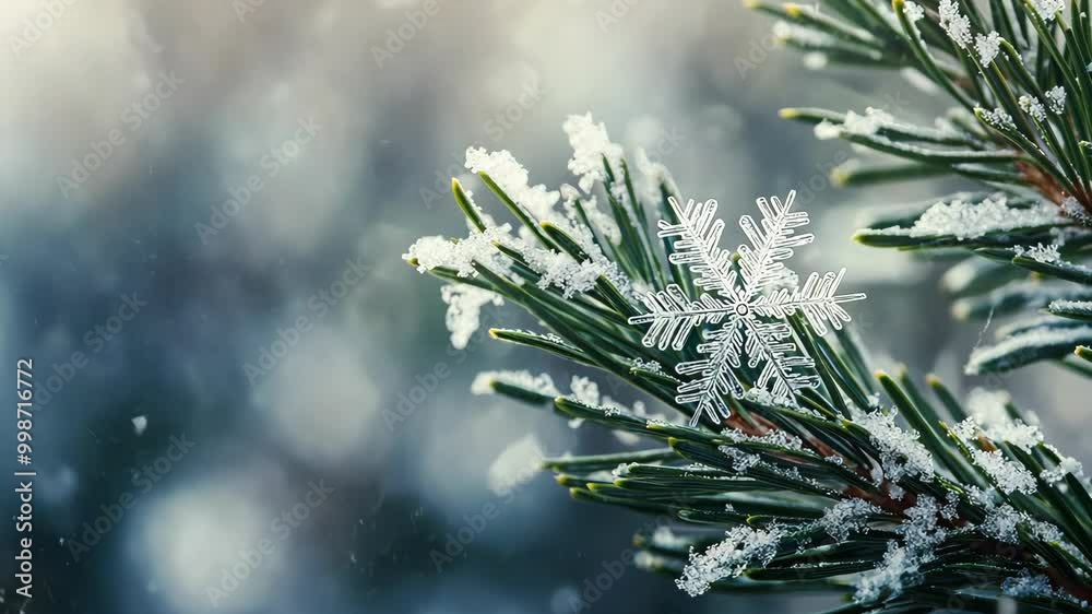 A delicate snowflake rests on a pine branch, dusted with fresh snow
