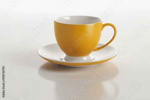 there is a yellow cup and saucer on a white table