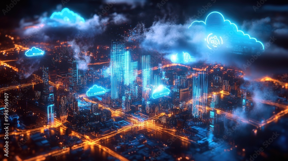 A futuristic cityscape with glowing clouds representing cloud computing and connectivity. A futuristic cityscape with glowing clouds representing cloud computing and connectivity.