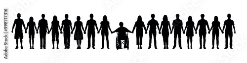 Black silhouette of young people standing in row holding hands together with young man on wheelchair in the middle of row.