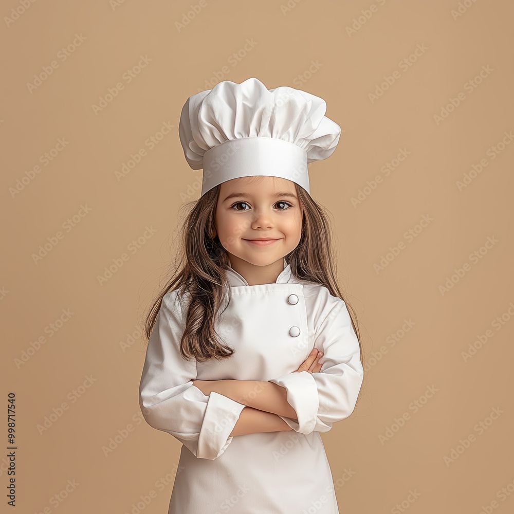 Little chef in a white uniform and hat poses confidently against a soft beige backdrop Little chef in a white uniform and hat poses confidently against a soft beige backdrop