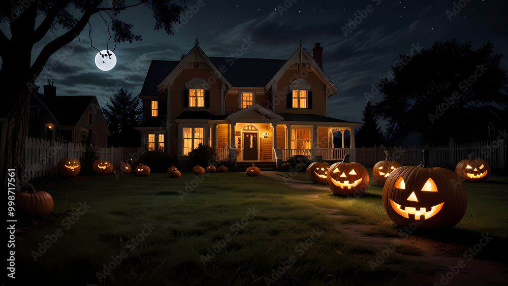 Halloween pumpkins placed in front of a house at night Halloween pumpkins placed in front of a house at night