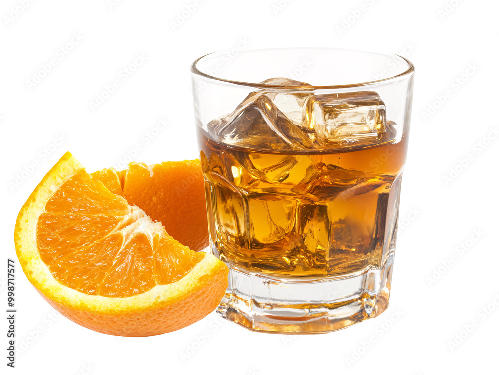a glass of ice and an orange slice a glass of ice and an orange slice