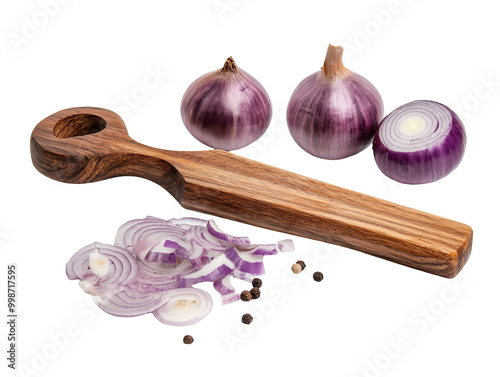 a wooden spoon with onions and spices photo