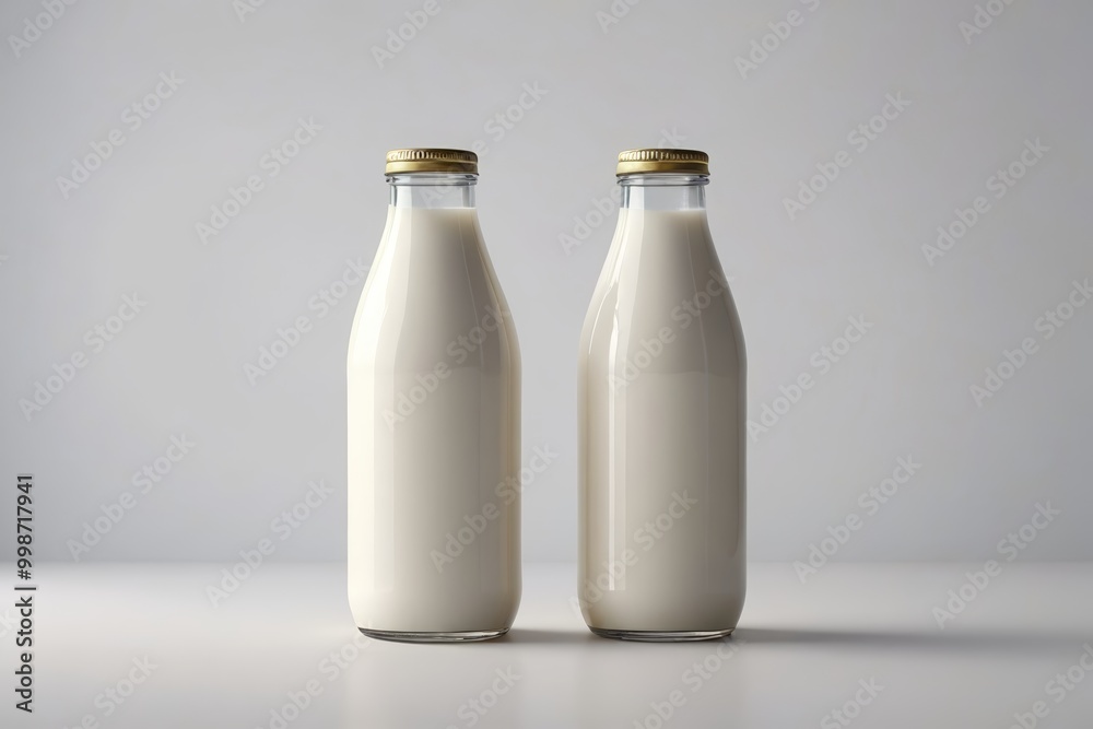 two bottles of milk are sitting on a table