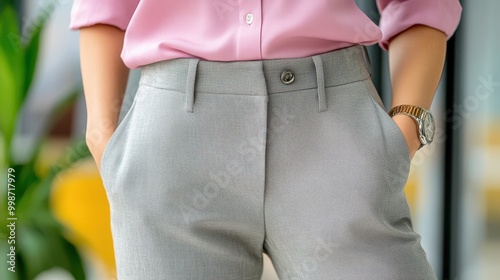 Stylish Slacks with Elasticized Waistband on Model photo