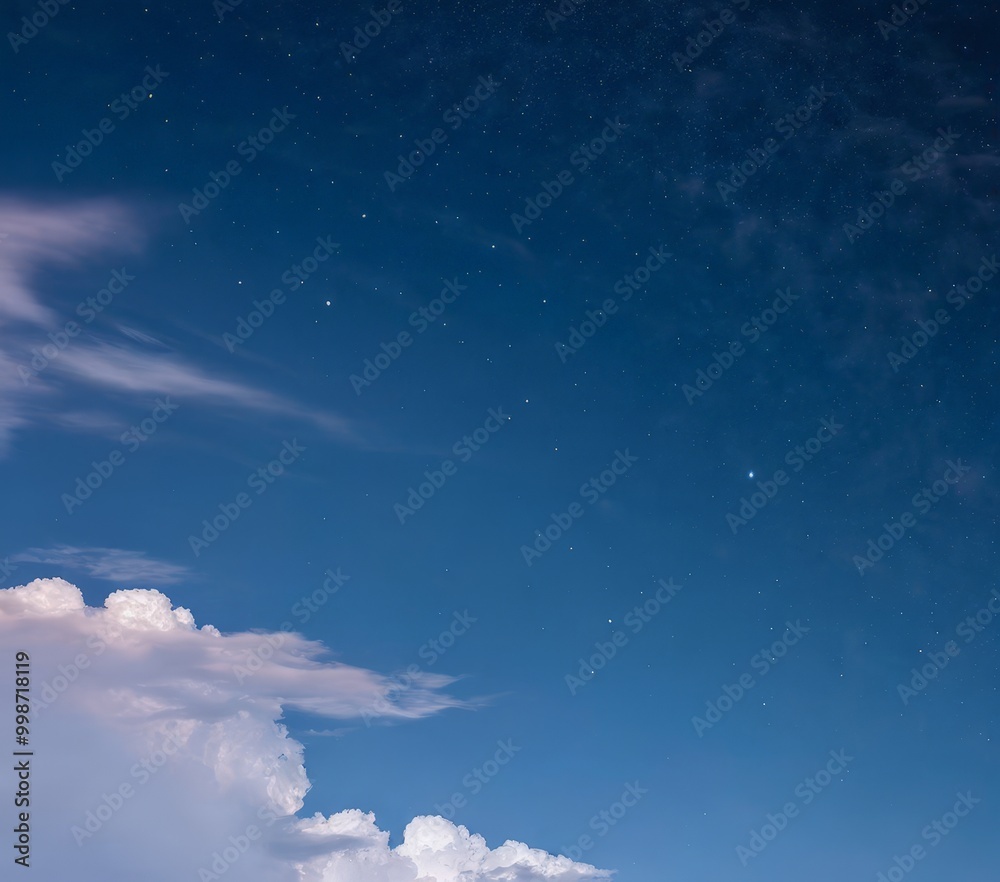 A serene night sky with a few stars and a few wispy clouds, with a blue hue and a hint pinkish-blue tint