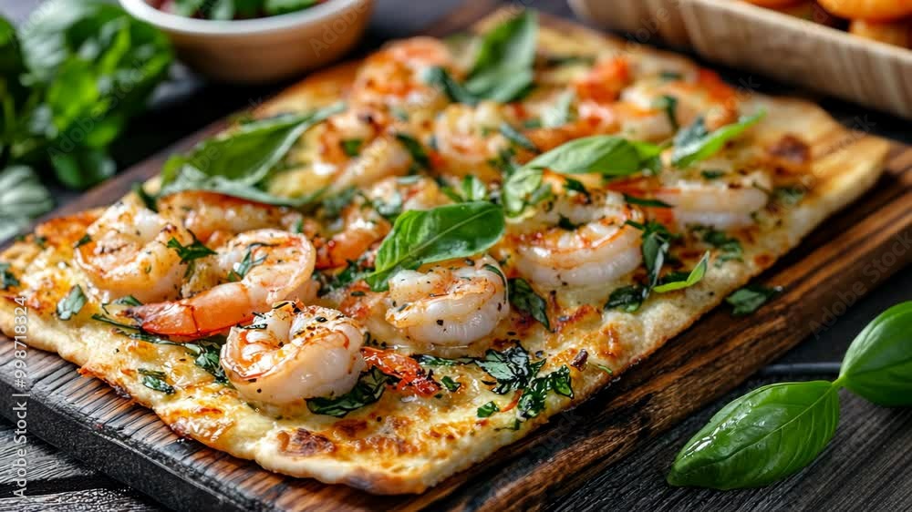 A close-up of a flatbread pizza topped with shrimp and basil, sitting on a wooden cutting board